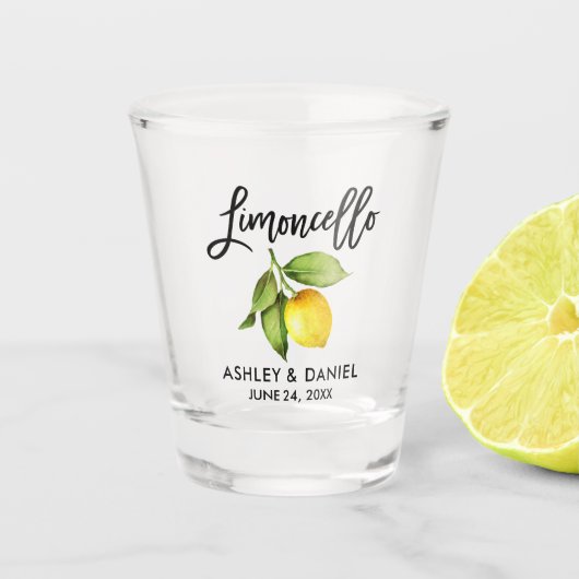 Brush Script Waterverf Citroen Bruiloft Limoncello Shot Glas (Voorkant)