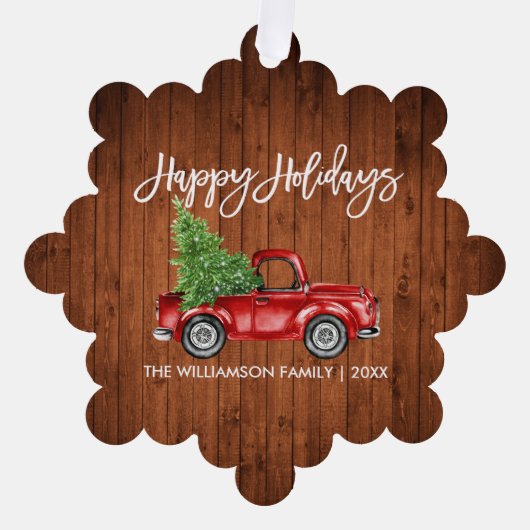 Brush Script Waterverf Rode Truck Rustieke Vakanti Ornament Kaart (Voorkant)