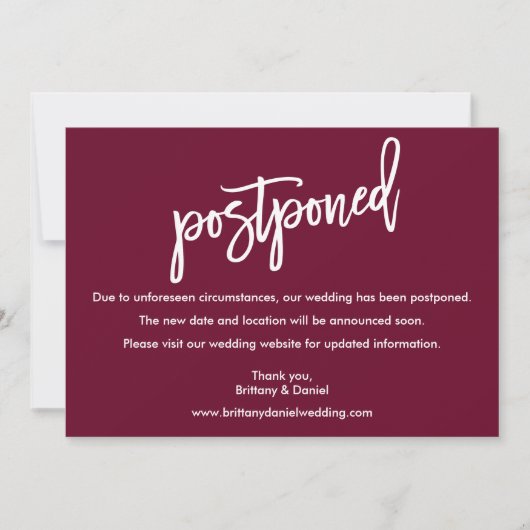 Brush Script Wedding Postponed Burgundy Kaart (Voorkant)