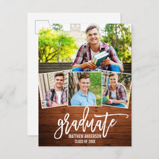 Brush Script Wood 4 Photo Afstuderen aankondiging (Voorkant / Achterkant)