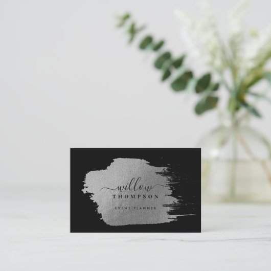 Brush Stroke Metallic Silver Black Event Planner Visitekaartje (Staand voorkant)