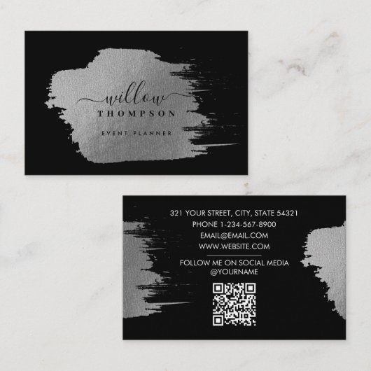 Brush Stroke Metallic Silver Black Event Planner Visitekaartje (Voorkant / Achterkant)