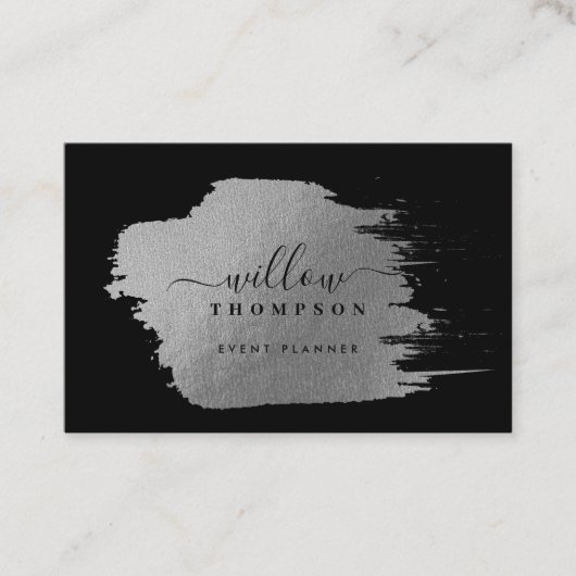 Brush Stroke Metallic Silver Black Event Planner Visitekaartje (Voorkant)