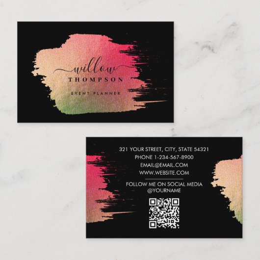 Brush Stroke Pink Gold op Black Event Planner Visitekaartje (Voorkant / Achterkant)