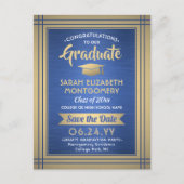 Brushed Blue en Gold Afstuderen Foto Sla de datum  Aankondigingskaart (Voorkant)
