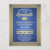 Brushed Blue en Gold Afstuderen Foto Sla de datum  Aankondigingskaart (Voorkant)