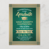 Brushed Green & Gold Afstuderen Foto Bewaar de dat Aankondigingskaart (Voorkant)