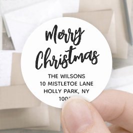 Brushed Merry Christmas Black White Retouradres Ronde Sticker