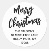 Brushed Merry Christmas Black White Retouradres Ronde Sticker (Voorkant)