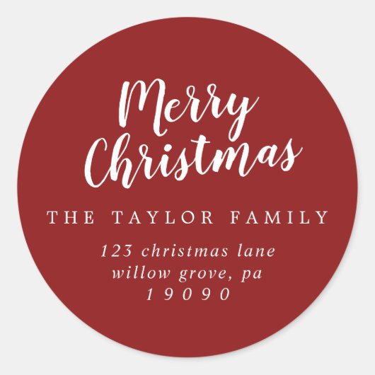 Brushed Red Merry Christmas Retouradres Ronde Sticker (Voorkant)