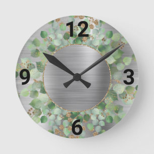BRUSHED SILVER BOTANICAL EUCALYPTUS WALL CLOCK RONDE KLOK