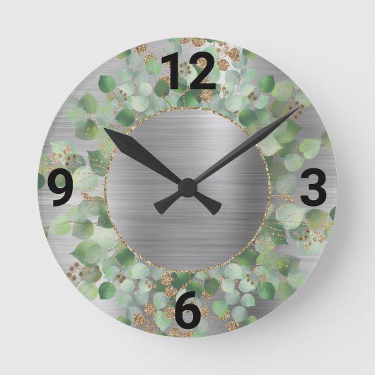 BRUSHED SILVER BOTANICAL EUCALYPTUS WALL CLOCK RONDE KLOK (Voorkant)
