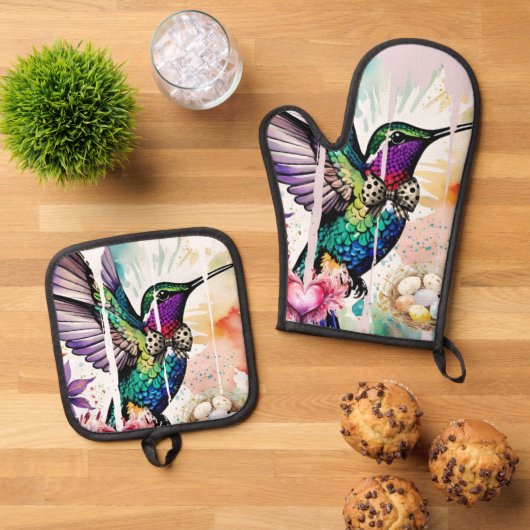 Brushstroke Bird Art Ovenwant & Pannenlap Set (Top down)