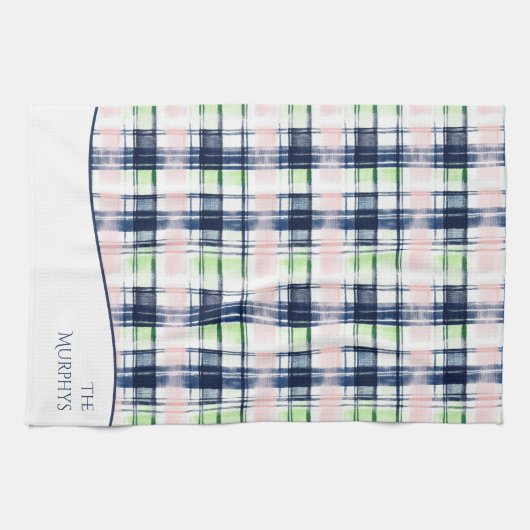 Brushstroke Navy Blue Preppy Plaid Aangepaste naam Theedoek (Horizontaal)