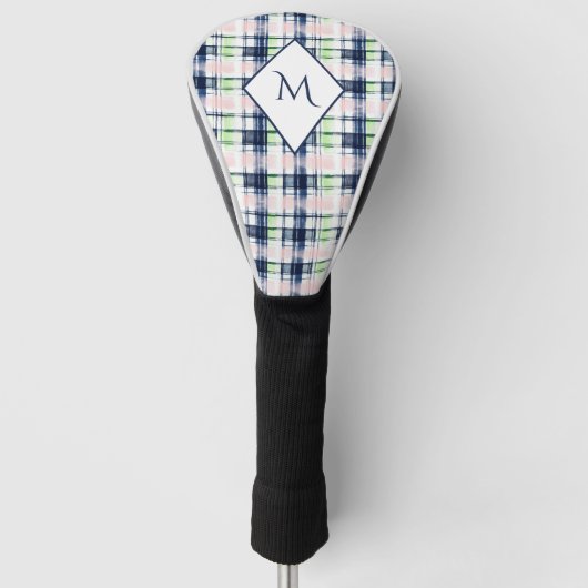 Brushstroke Navy Blue Preppy Plaid Monogram Golfheadcover (Voorkant)