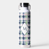 Brushstroke Navy Blue Preppy Plaid Monogram Waterfles (Voorkant)