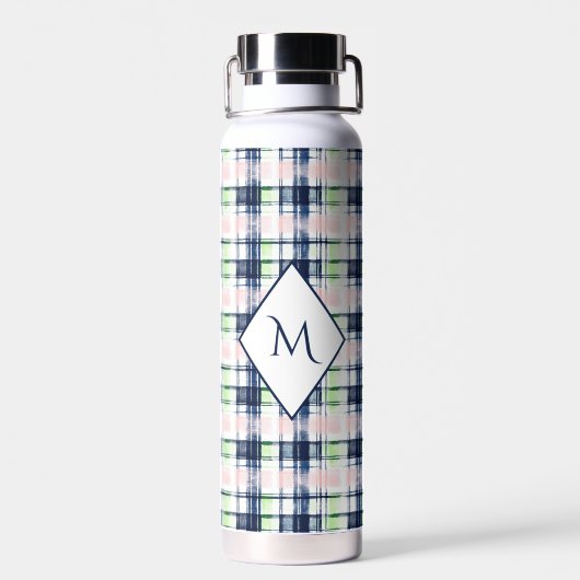Brushstroke Navy Blue Preppy Plaid Monogram Waterfles (Achterkant)