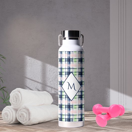 Brushstroke Navy Blue Preppy Plaid Monogram Waterfles