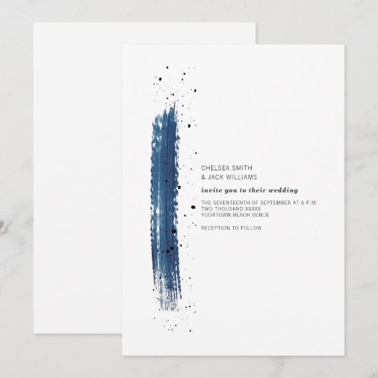 Brushstroke Speckle Blue Minimalist Modern Wedding Kaart (Voorkant / Achterkant)