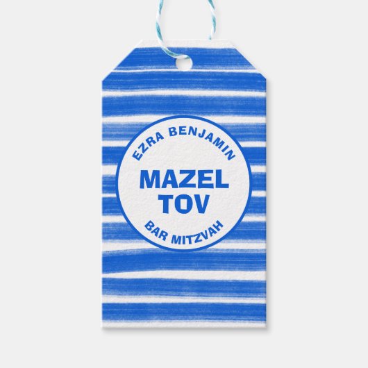 Brushstrokes Stripes Blauw Custom Bar Bat Mitswa Cadeaulabel (Voorkant)