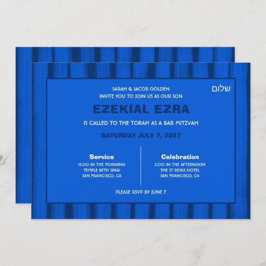 Brushstrokes Stripes Blauw Custom Bar Bat Mitswa Kaart (Voorkant / Achterkant)