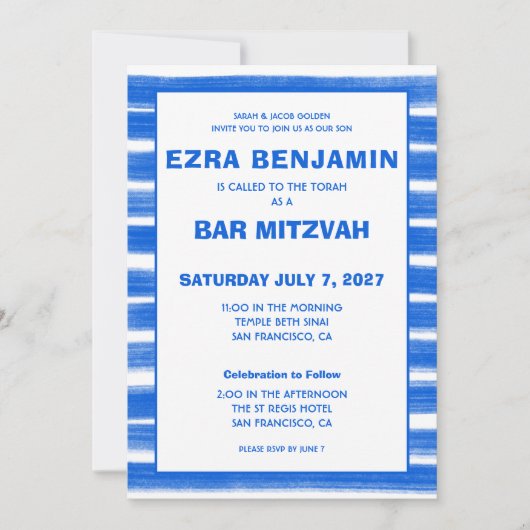 Brushstrokes Stripes Blauw Custom Bar Bat Mitswa Kaart (Voorkant)