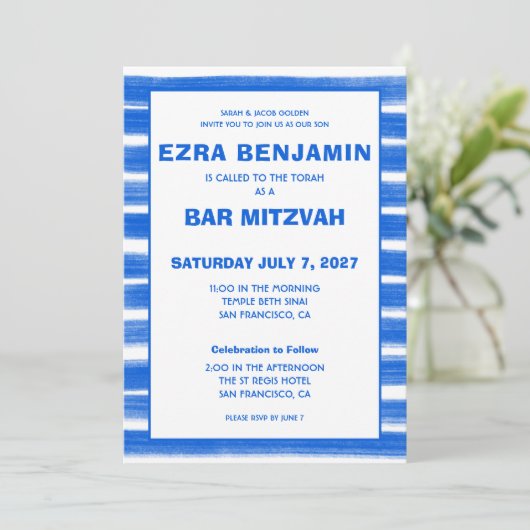 Brushstrokes Stripes Blauw Custom Bar Bat Mitswa Kaart (Staand voorkant)