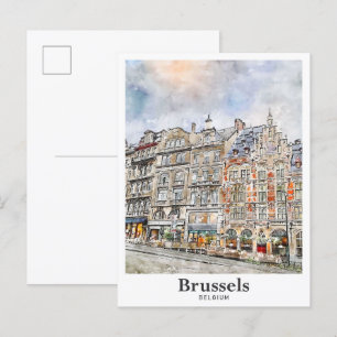Brussel België Art Travel Waterverf Hand getekend Briefkaart