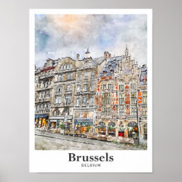 Brussel België Art Travel Waterverf Hand getekend Poster