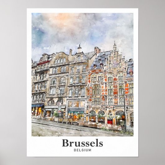 Brussel België Art Travel Waterverf Hand getekend Poster (Voorkant)