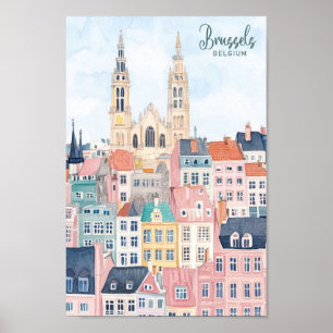 Brussel België Gouache Schilderillustratie Reizen Poster