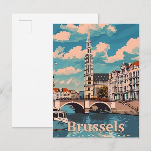 Brussel België Retro Reisillustratie Briefkaart (Voorkant / Achterkant)