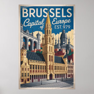 Brussel België Retro Silhouette Stadsgezicht Reize Poster