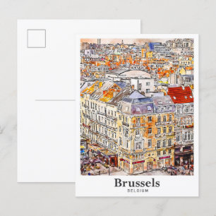 Brussel België Travel Waterverf Hand getekend Briefkaart