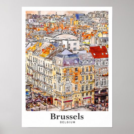Brussel België Travel Waterverf Hand getekend Poster (Voorkant)