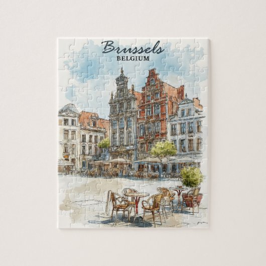 Brussel België –  Waterverf Cityscape Legpuzzel (Verticaal)