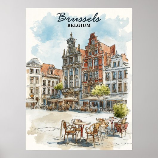 Brussel België –  Waterverf Cityscape Poster (Voorkant)
