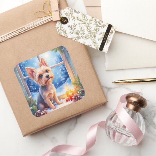 Brussels Griffon Frosted Window Christmas Art Vierkante Sticker (Geschenken)