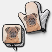 Brussels Griffon Schilderij Rood Vloeiend Schattig Ovenwant & Pannenlap Set (Voorkant / Achterkant)