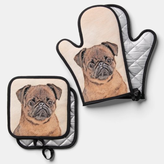 Brussels Griffon Schilderij Rood Vloeiend Schattig Ovenwant & Pannenlap Set (Voorkant / Achterkant)