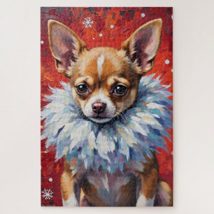 Brutale Chihuahua-hond in pluizige winterkraag Legpuzzel