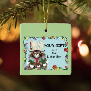 Brutale Kerstkat  Humor Maine Coon Groen Grappig Keramisch Ornament