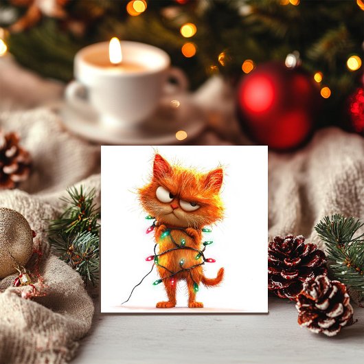 Brutale oranje kat in kerstverlichting kerstkaart