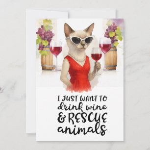 Brutale Siamese kat drinkt wijn om dier te redden Feestdagenkaart