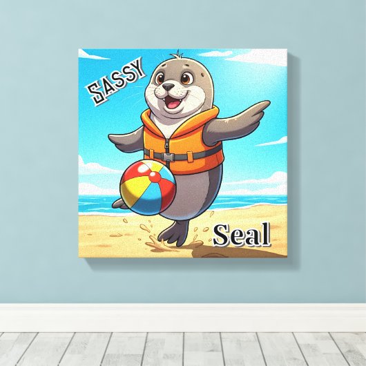 Brutale Zeehond | Cute Cartoon Kinderkamer Kunst Canvas Afdruk (Insitu (Houten vloer))