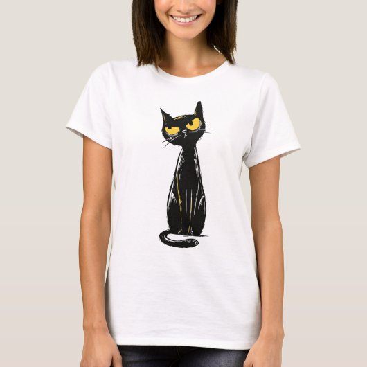 Brutale Zwarte Kat - Chagrijnige Gele Ogen Illustr T-shirt (Voorkant)