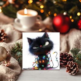 Brutale Zwarte Kat in Festieve Lichtjes Feestdagenkaart