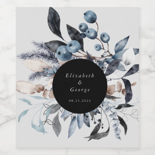 brute winterbloemmonogram voor de vorsty dusty blu wijn etiket (Enkel label)