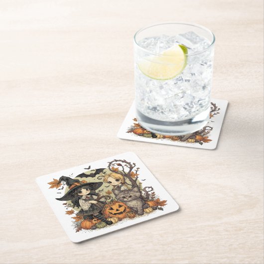 Bruxinhas Kawaii com Gatinho e Abóboras  Kartonnen Onderzetters (Insitu)