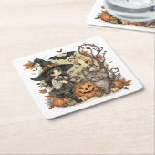 Bruxinhas Kawaii com Gatinho e Abóboras  Kartonnen Onderzetters (Schuin)